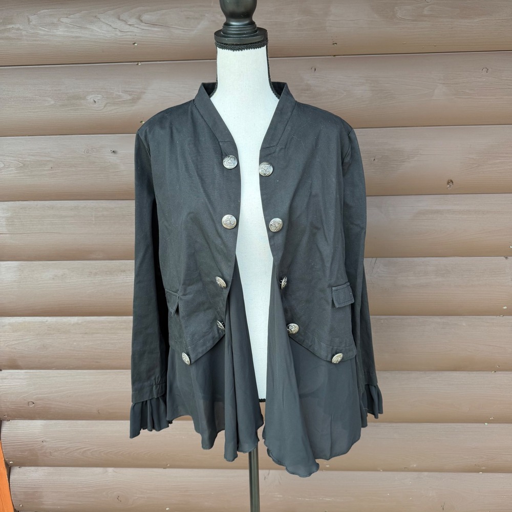 Joh Apparel Black Steampunk Military Jacket Womens XL Ruffle Peplum Lion Buttons